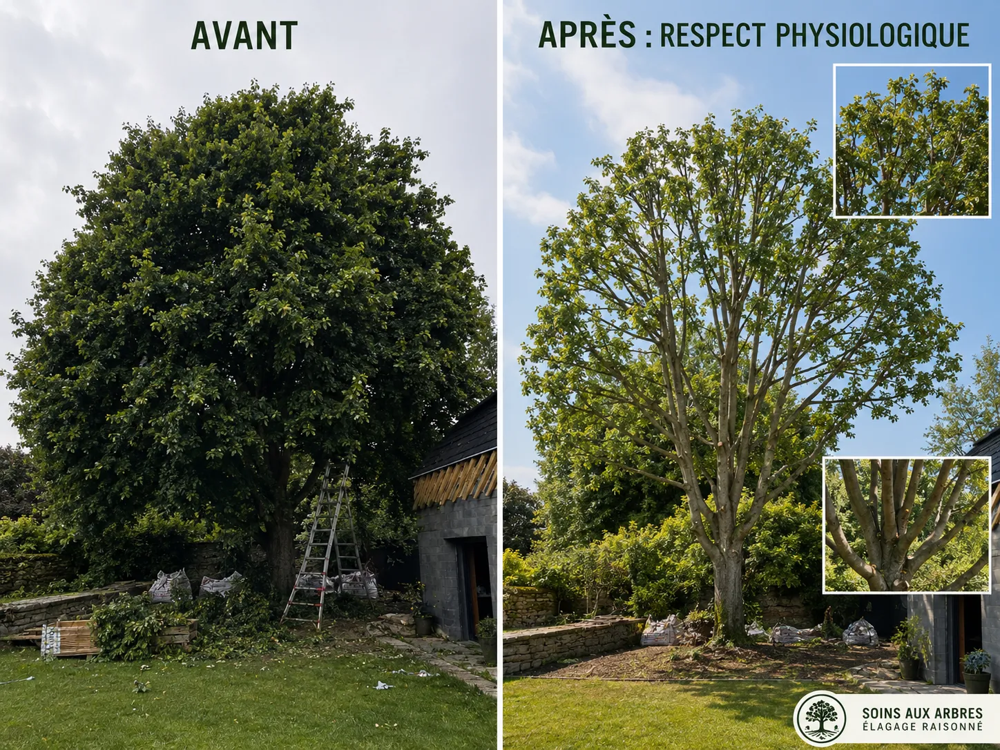 Avant/après, une taille raisonnée qui préserve la structure et la vitalité de l'arbre.
